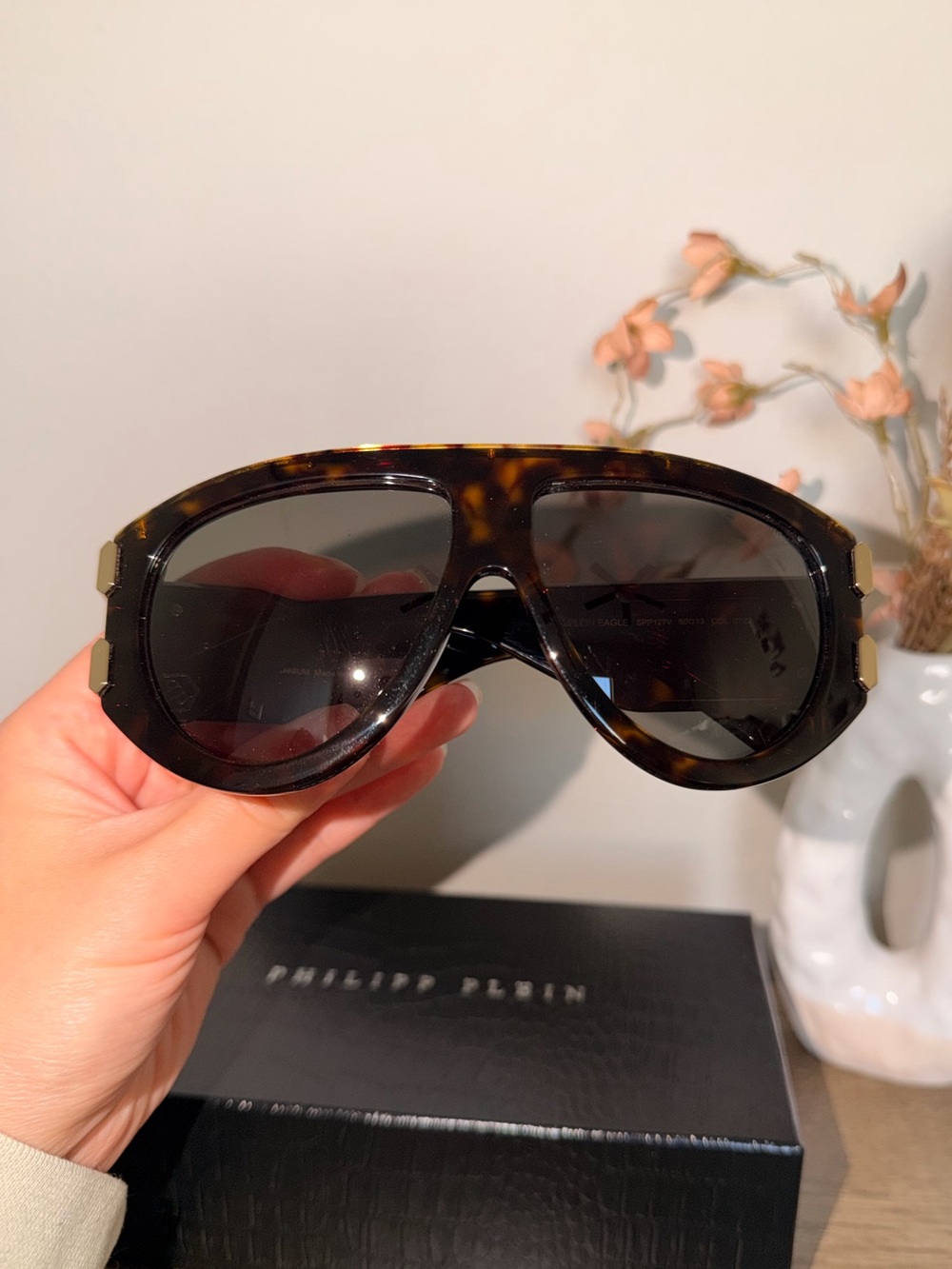 Philipp Plein Tortoiseshell Shield Sunglasses with Dark Lenses